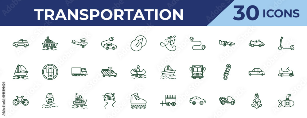 Fototapeta premium outline transportation icons set - flying airplane, catamaran, bicycle side view. editable vector for web and mobile ui