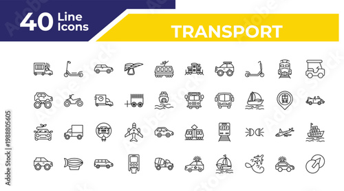 outline transport icons set - monster truck, hybrid car, all terrain vehicle. editable vector for web and mobile ui