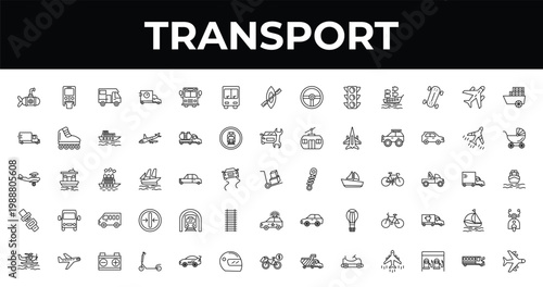 outline transport icons set - public transportation, baby trolley, micro scooter. editable vector for web and mobile ui