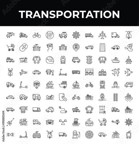 outline transportation icons set - baby trolley, cement truck, car lights. editable vector for web and mobile ui