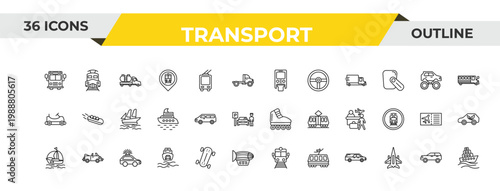 outline transport icons set - monorail, minivan, patrol car. editable vector for web and mobile ui