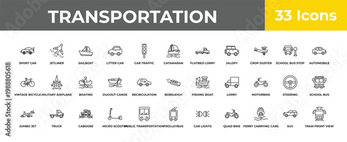 outline transportation icons set - boating, truck, tram front view. editable vector for web and mobile ui