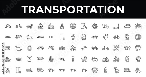 outline transportation icons set - space rocket launch, gearshift, school van. editable vector for web and mobile ui
