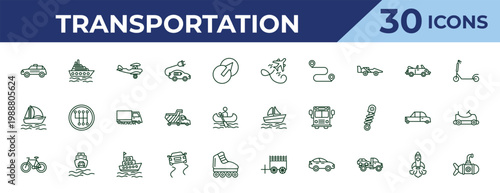 outline transportation icons set - flying airplane, catamaran, bicycle side view. editable vector for web and mobile ui