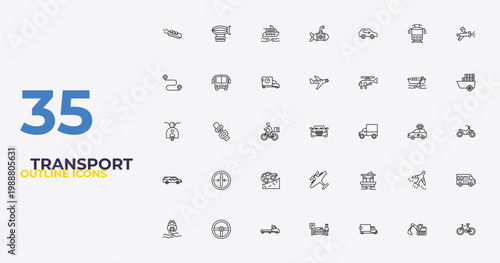 outline transport icons set - planes, houseboat, bicycle side view. editable vector for web and mobile ui