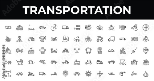 outline transportation icons set - road sweeper, airplane pointing up, eighteen-wheeler. editable vector for web and mobile ui