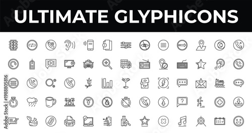 outline ultimate glyphicons icons set - exclamation file, call contact, printer with paper. editable vector for web and mobile ui