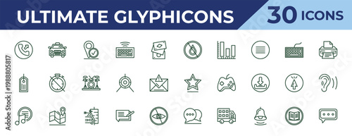 outline ultimate glyphicons icons set - drop crossed, clothes label, music menu. editable vector for web and mobile ui