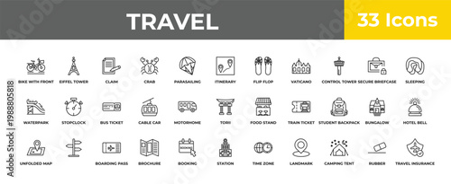 outline travel icons set - bus ticket, , travel insurance. editable vector for web and mobile ui