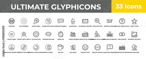 outline ultimate glyphicons icons set - plus button, attach rotated, man and tree. editable vector for web and mobile ui