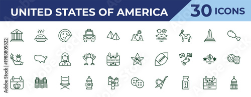 outline united states of america icons set - grand canyon, statue of liberty, thanksgiving day. editable vector for web and mobile ui