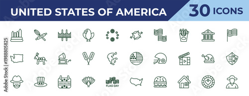outline united states of america icons set - blessings, washington, cowboy. editable vector for web and mobile ui