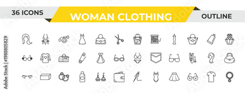 outline woman clothing icons set - female handbag, female dress, round earrings. editable vector for web and mobile ui