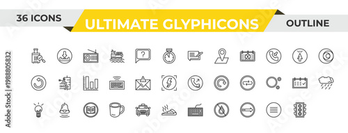 outline ultimate glyphicons icons set - writing message, wireless keyboard, alarm bell. editable vector for web and mobile ui