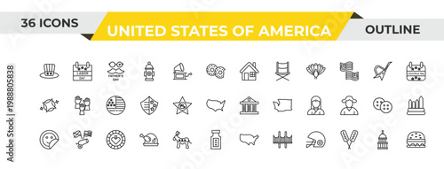 outline united states of america icons set - white house, walk of fame, casino. editable vector for web and mobile ui