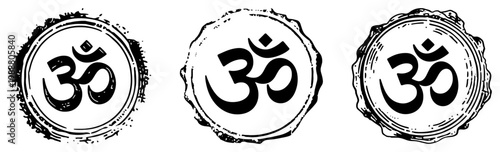 Spiritual Om Aum Symbol Set in Rustic Circle Frames, Hindu and Buddhist Sacred Sign for Yoga and Meditation