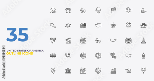 outline united states of america icons set - washington, usa, corndog. editable vector for web and mobile ui