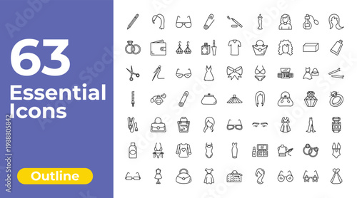 outline woman clothing icons set - safety pin, clothes, swimsuit feminine. editable vector for web and mobile ui
