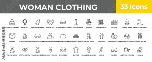 outline woman clothing icons set - cat eyes glasses, parfum bottle, perfume. editable vector for web and mobile ui