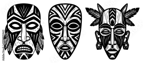 Set of Traditional Tribal Masks with Ethnic Patterns and Feathers, African and Oceanic Cultural Ritual Decor