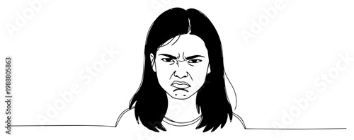 Angry and Frustrated Woman Facial Expression, Minimalist One Line Art Illustration of Negative Emotions and Stress