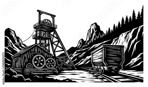Vintage Coal Mine Headframe and Railway Cart in Mountain Landscape, Industrial Heritage Mining Operation Illustration