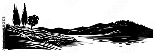 Mediterranean Landscape Panorama with Rolling Hills and Lake, Tuscany Countryside with Cypress Trees, Engraving Style Illustration