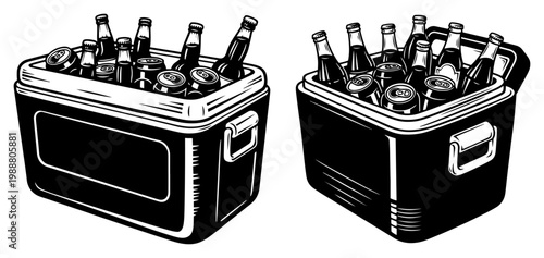 Portable Cooler Box with Cold Beer Bottles and Cans for Picnic, Outdoor Party Ice Chest Graphic Illustration