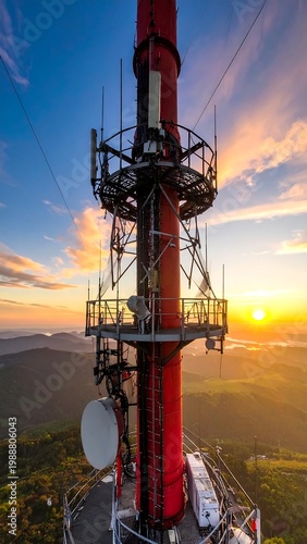 Towering communication mast at sunrise, silhouetted against a vibrant, skyward vista