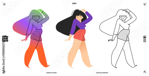 Woman Dance Party Character in A Cartoon Summer Beach Scene with People at A Concert or Club. A Young Dancer with A Drink in A Flash of Music and Night Background for A Cheerful Outdoor