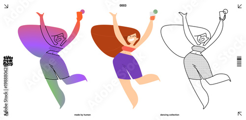 Woman Dance Party Character in A Cartoon Summer Beach Scene with People at A Concert or Club. A Young Dancer with A Drink in A Flash of Music and Night Background for A Cheerful Outdoor