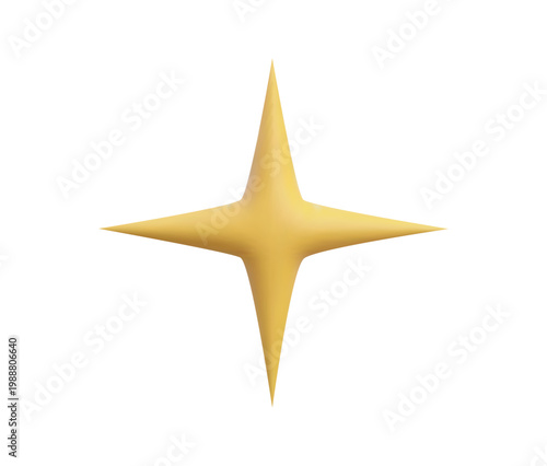Minimalist yellow 3D four-point star icon isolated on a white background. Realistic glossy render of a golden sparkle.