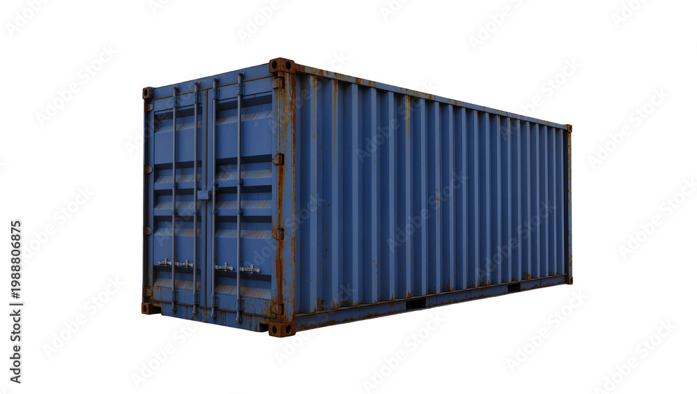 Fototapeta premium Blue corrugated metal shipping container with rusty corners, isolated on transparent background