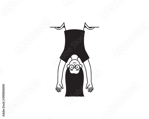 Minimalist cartoon illustration of person hanging upside down, long dark hair, large round red glasses, arms extended downward, diagonal red and pink striped background