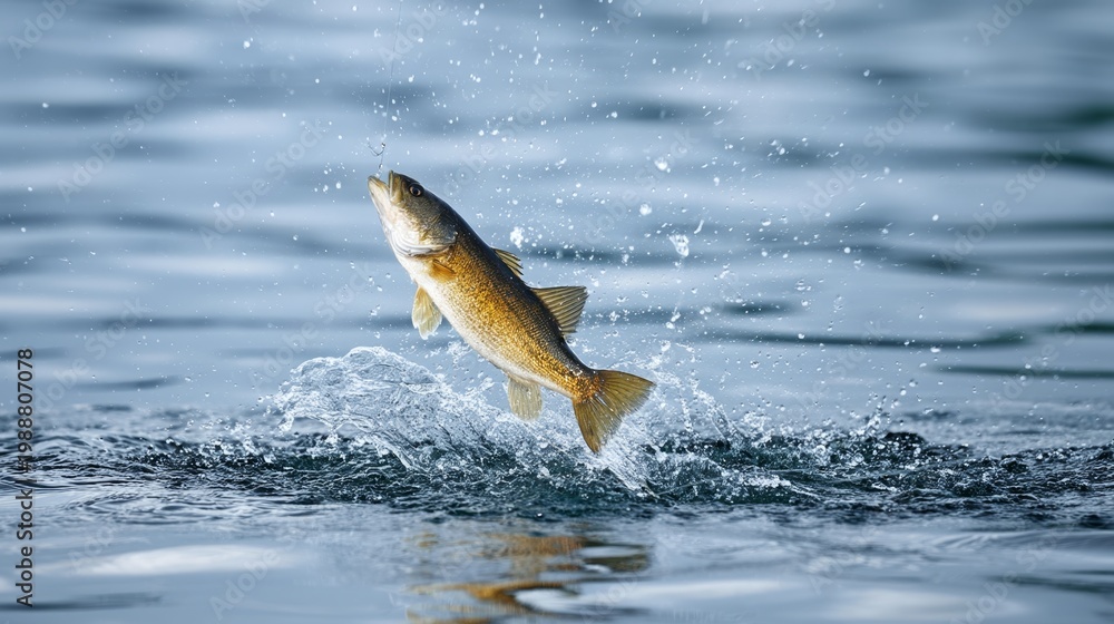 Obraz premium Largemouth bass jumping from water with splash, hooked on a fishing line
