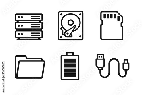 Computer Hardware and Data Storage Line Icon Set Featuring Vector Pictograms of Server Rack, Hard Disk Drive, SD Memory Card, File Folder, Battery Level, and USB Connection Cable for Tech Design