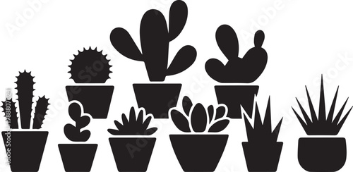 Collection of various potted cactus and succulent plants in black silhouette, arranged in a visually appealing display