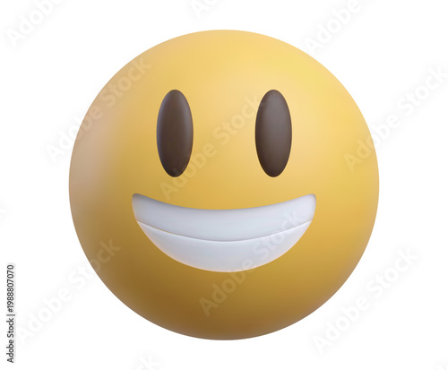 Minimalist 3D yellow laughing emoji face with a wide happy smile, isolated on a white background.