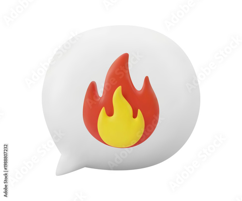 Minimalist 3D white speech bubble with a red flame icon, isolated on a white background. Realistic glossy render for hot topics, trending news, viral content notifications, and burning offers. High