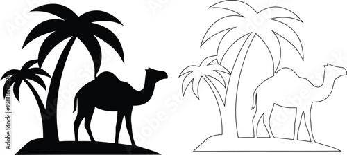 Silhouette and outline of camel standing near palm trees on white background, dromedary