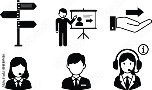 Collection of black and white depicting business and service concepts: signpost, presenter, hand with arrow, and customer service representatives