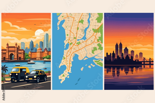 Set of Mumbai Travel Posters with Gateway of India, Detailed Urban Street Map, and City Skyline Silhouette at Sunset with Iconic Auto Rickshaw and Taxi, Vector Illustration for India Tourism.