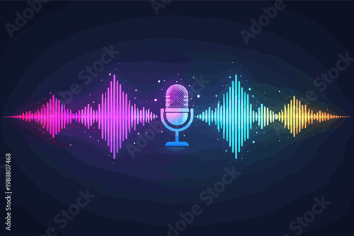 Neon podcast microphone icon with vibrant sound wave frequency lines on dark background. Digital audio waveform for music recording, radio broadcasting, voice streaming, and studio production vector.