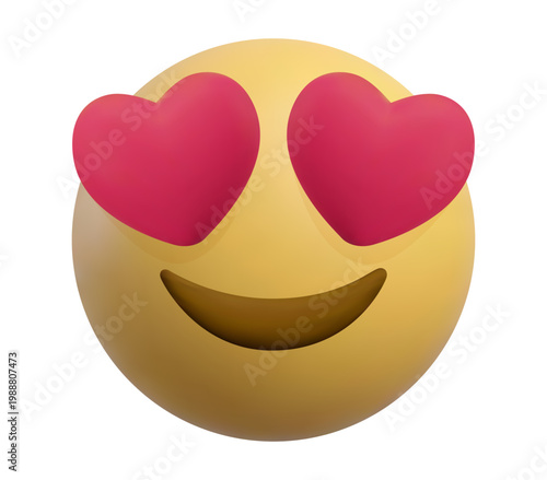 Minimalist 3D yellow emoji face with red heart-shaped eyes, isolated on a white background. Realistic glossy render of a loving emoticon for social media engagement, romantic communication, Valentine