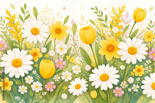 Spring Flowers Vector Illustration with White Daisies Yellow Tulips and Daffodils for 8 March International Women's Day Easter and Mother's Day Greeting Card Background Bright Floral Nature