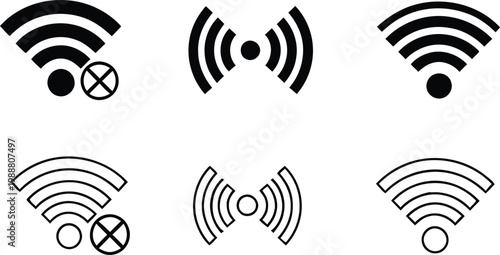 Collection of six black and white wi-fi signal some with connection status indicators wifi wireless network