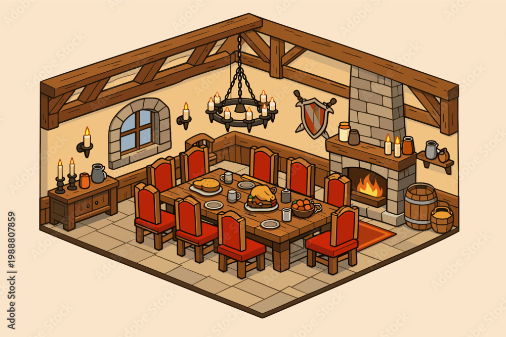 Naklejka premium Isometric Medieval Dining Room Interior with Wooden Beams, Red Chairs, Banquet Table with Roast Chicken, Fireplace, Chandelier, and Shield. Hand-Drawn Cartoon Illustration for Game Assets.