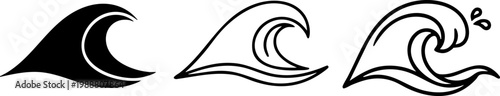 Crashing sea wave icons set for beach and surf designs in different styles