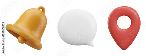 Set of colorful 3D social media icons isolated on a white background. Realistic glossy renders including a yellow notification bell, a blue speech bubble, and a red location pin map marker. High