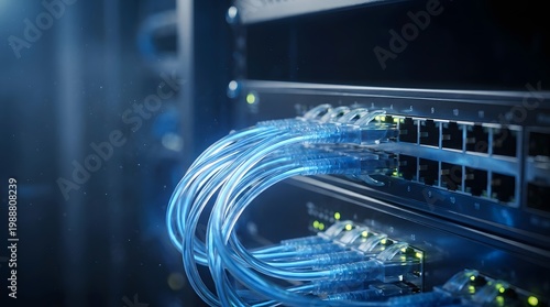 A close-up view of a server with blue cables connected to a network switch in a data center